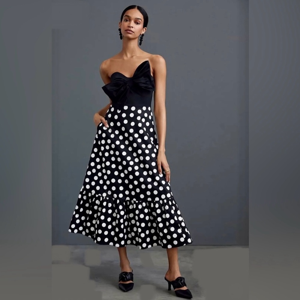 Anthropologie Hutch Black and White Polka Dot Bow-Tie Maxi Dress